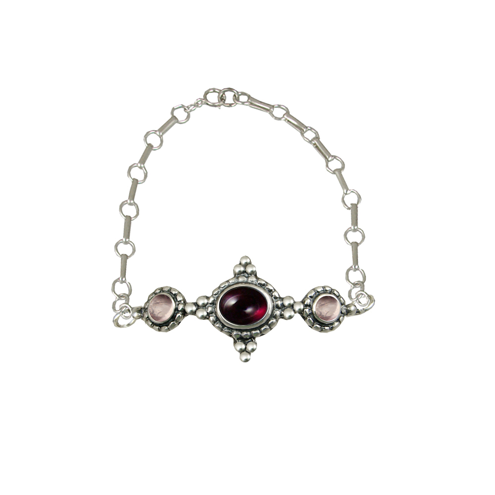 Sterling Silver Gemstone Adjustable Chain Bracelet With Garnet And Rose Quartz